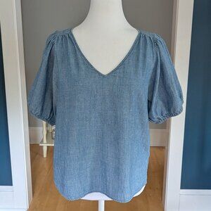 J. Crew Factory Women's Chambray V-Neck Puff Sleeves Top Blue Boho Shirt